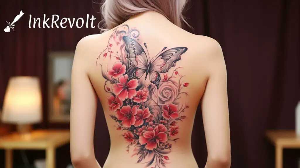 colorful butterfly and flower tattoo