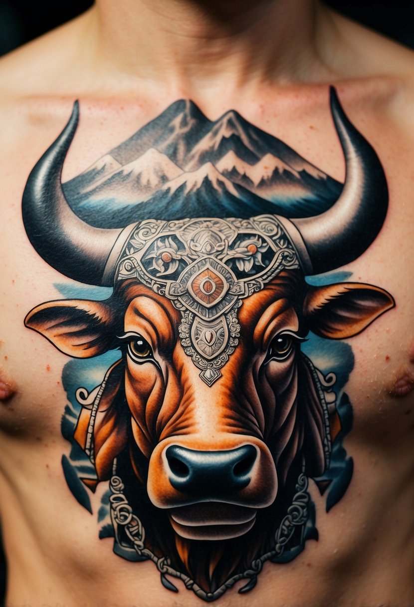 A close-up of The Rock's iconic bull tattoo, surrounded by symbols of strength and success in popular culture