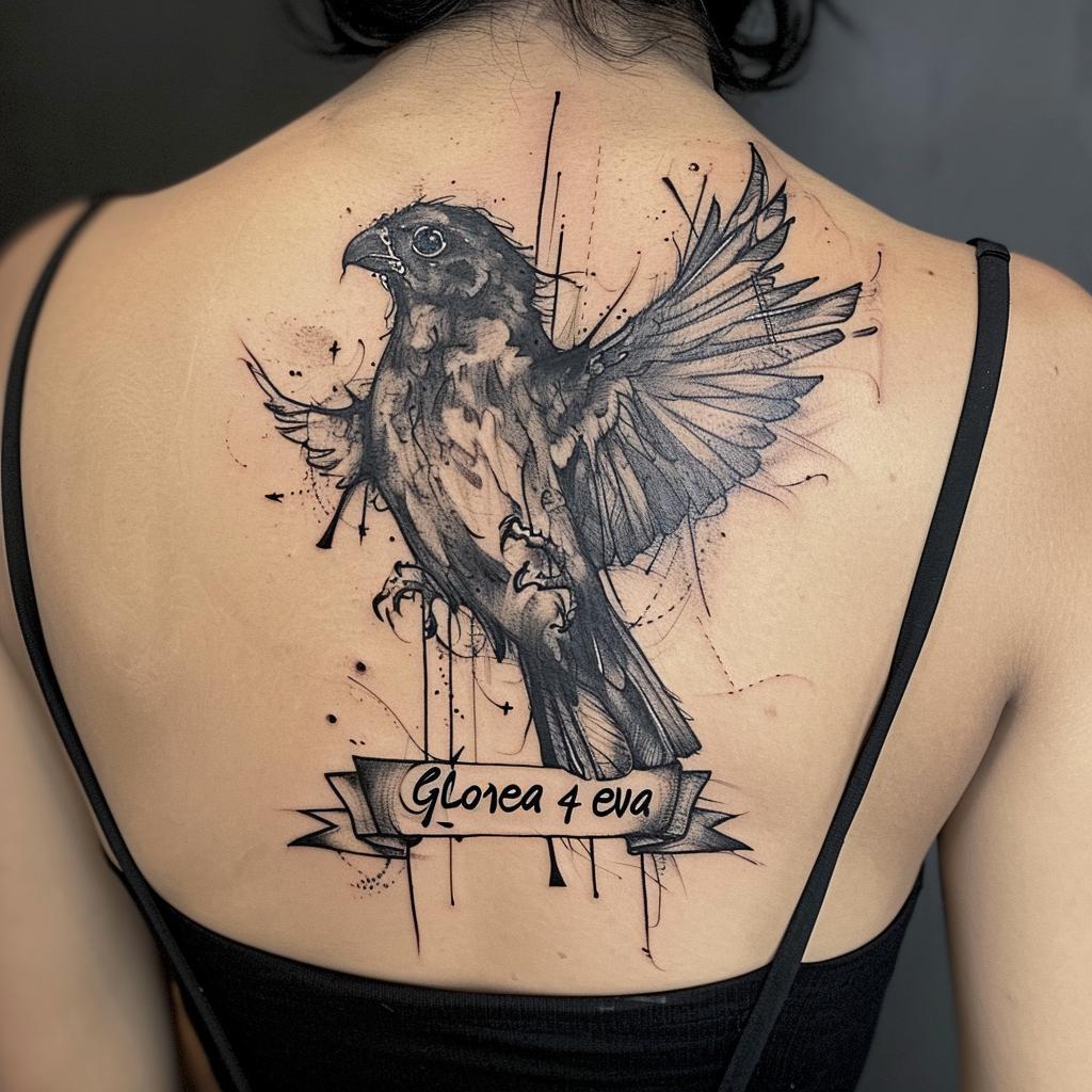 hl ki a tattoo of a big bird in black and white spanning across 92ea7403 a8aa 444d b8f4 497749e0b400