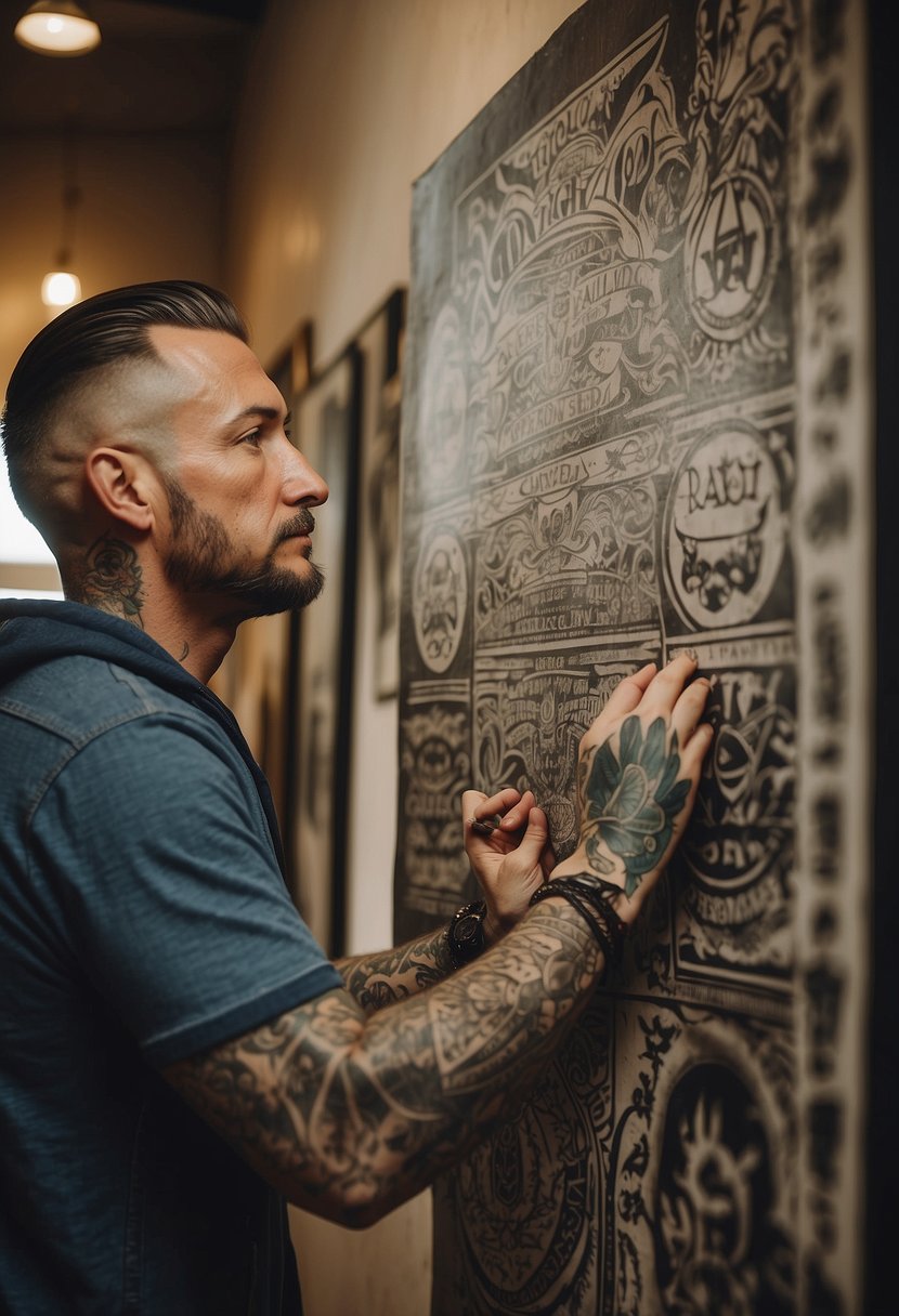 A tattoo artist carefully selects from a variety of tattoo designs, displayed on a wall, while a client looks on with anticipation