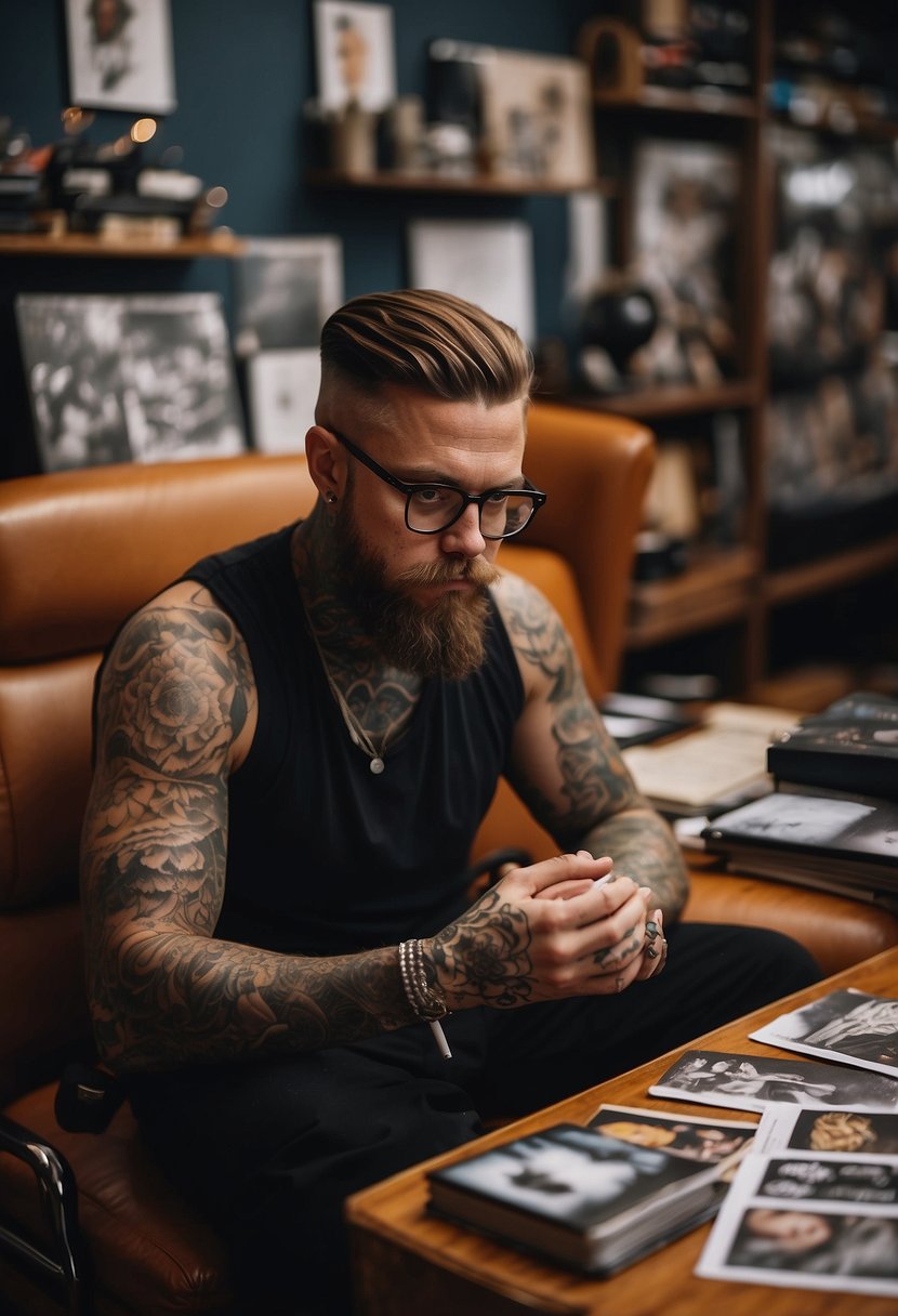 A person sits in a chair, pondering different tattoo designs. They have a sketchbook and pen in hand, surrounded by tattoo magazines and artwork for inspiration
