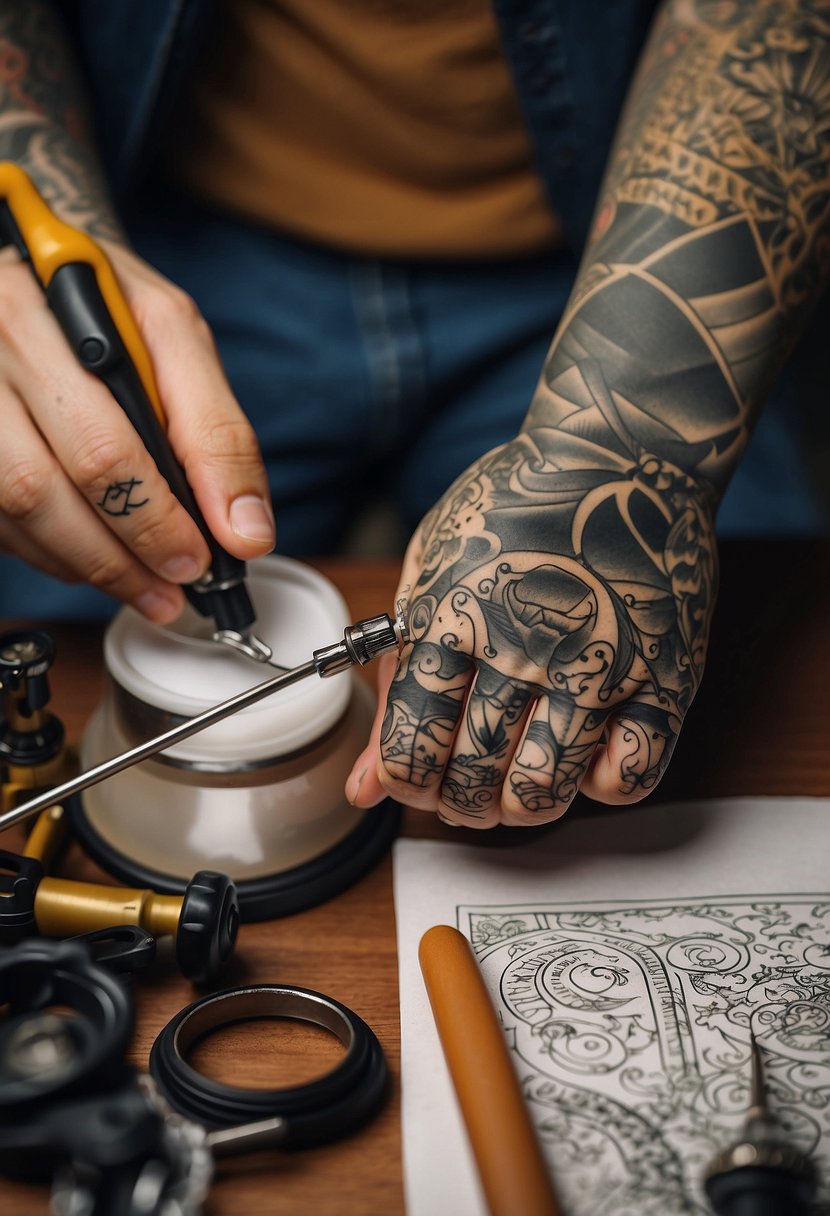 A tattoo artist carefully selects design tools, considering various styles and sizes