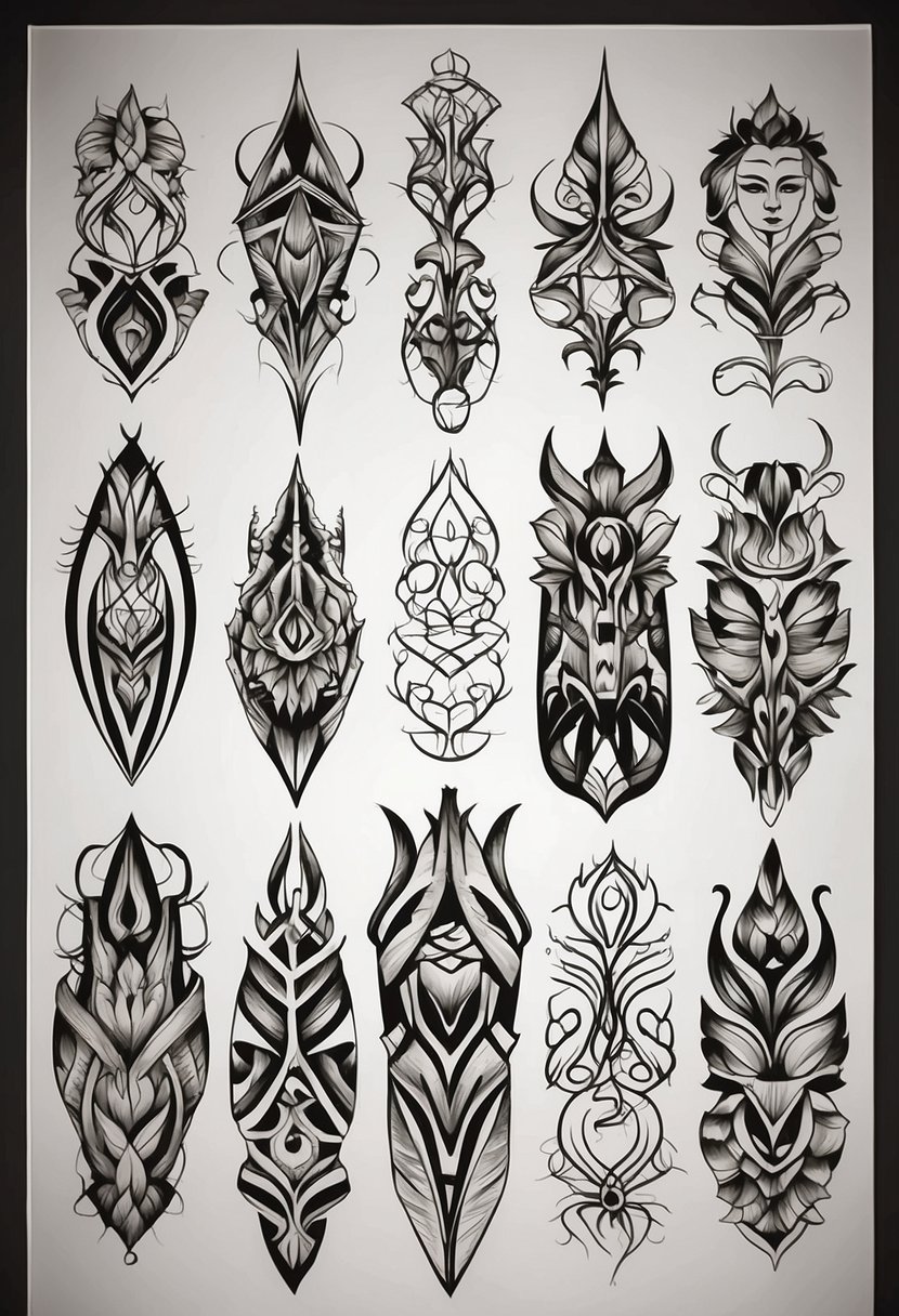 A collection of sketch style tattoo designs, featuring bold lines and intricate shading, displayed on a clean, white background