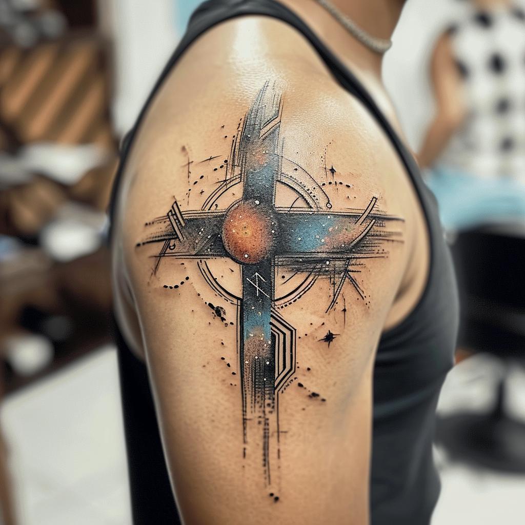 skilledhands. a tattoo on the shoulder of a cross with geometri 369755ca 4efd 4c42 acb9 1829b4ba5d35