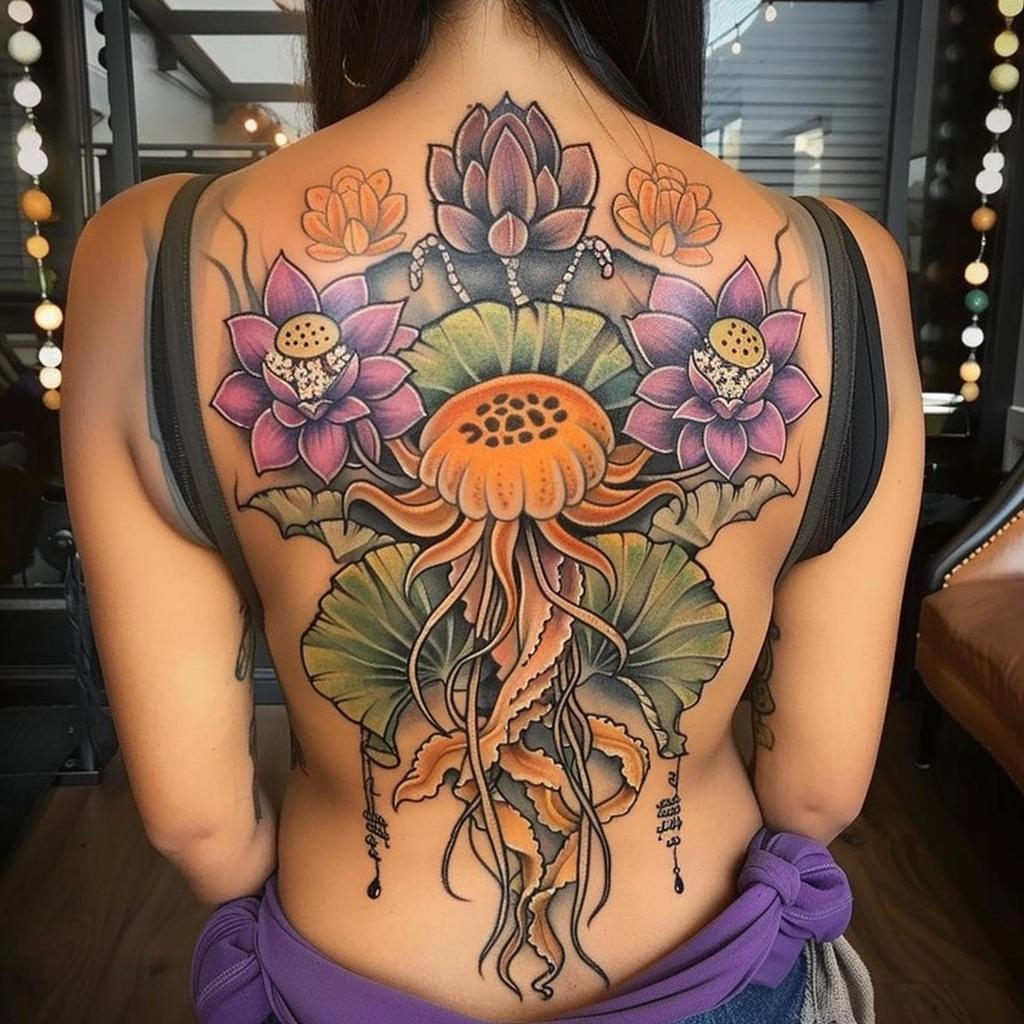 connectakader Jellyfish and Lotus tattoo on a girls back ff81e4a4 316a 45a3 be21 ac258bcd705e 1