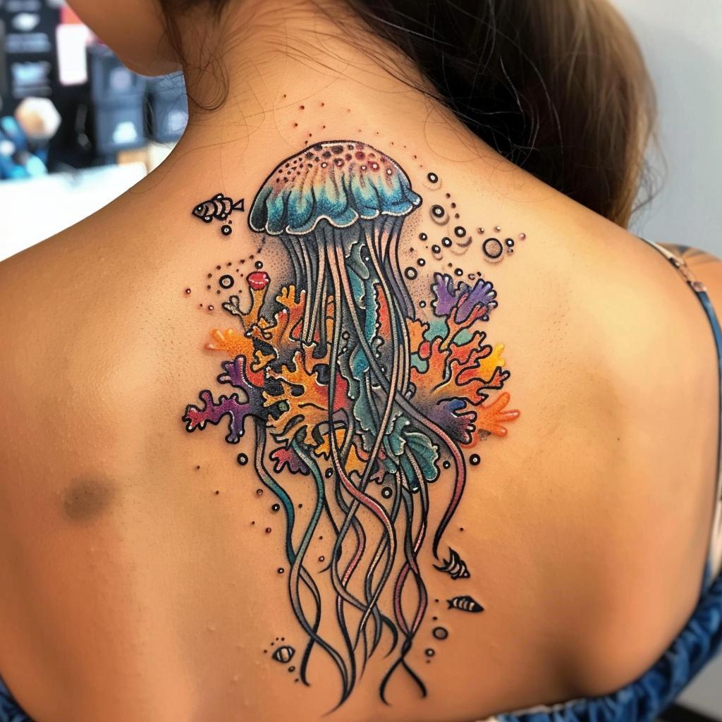 connectakader Jellyfish with Coral Reef Tattoo on a girls bac c73c4b1c 748d 4753 9fe1 44d2454b9d8c 1