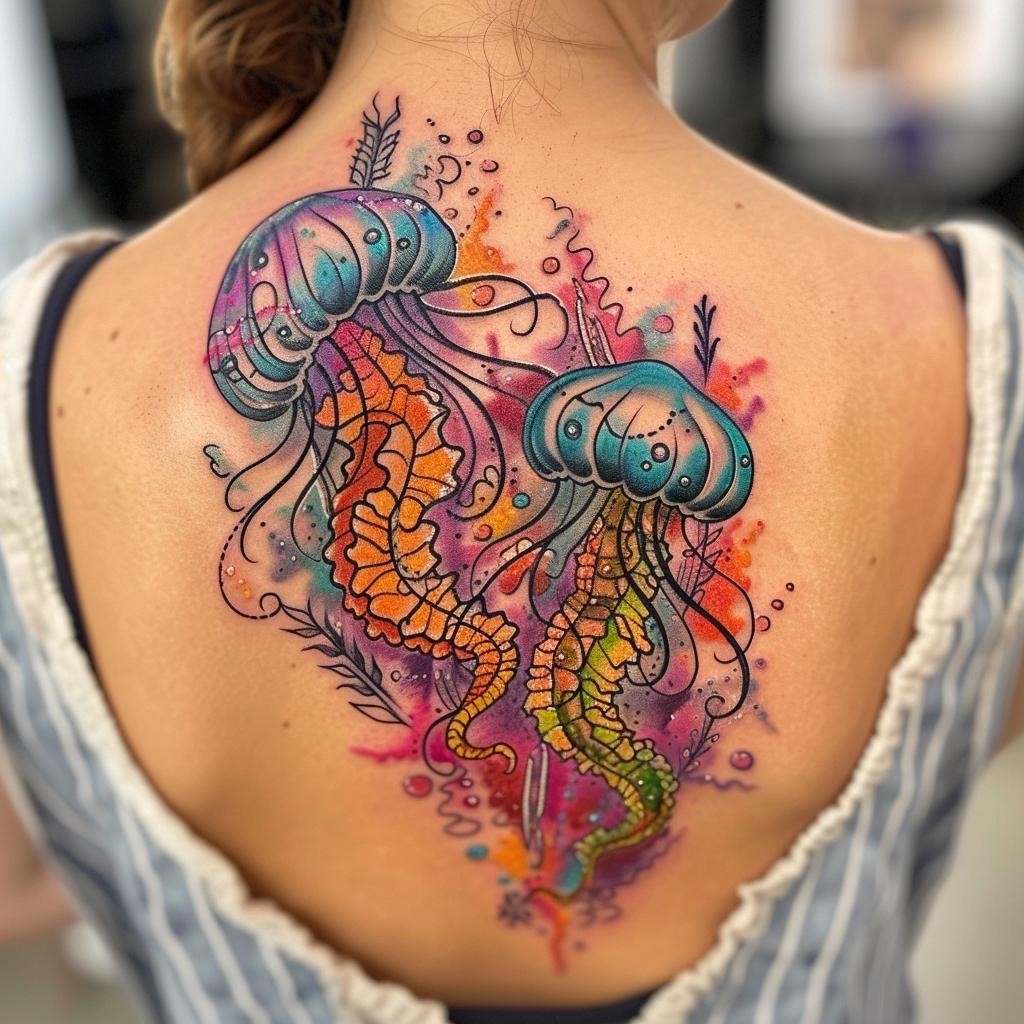 connectakader Vibrant Jellyfish and Seahorses Tattoo on a gir a466a408 67a9 43a7 ae12 84bde4c5e9d2 3