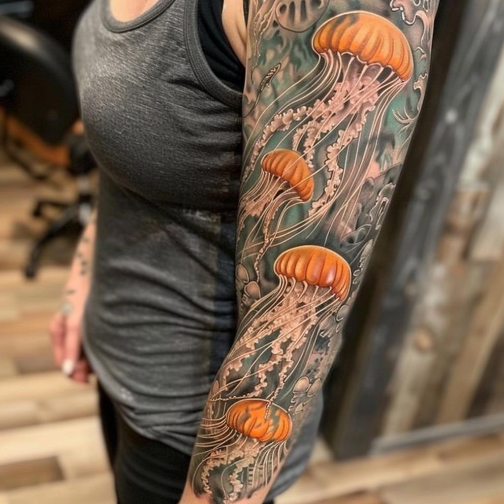 connectakader realistic jellyfish tattoo full sleeve on a gir e12ab76d ca01 4fc5 aa64 3478605429e6 1