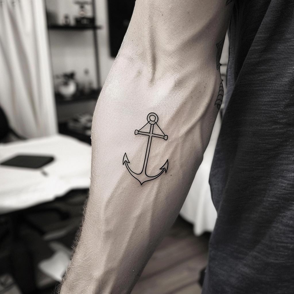 connectakader tiny minimalistic anchor tattoo on a mans arm. 156ab96b 4109 419d 81b1 81994b4bce20 3