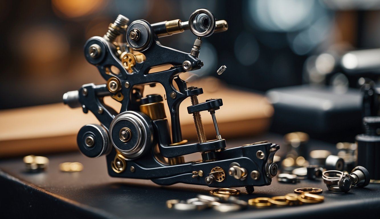 A tattoo machine disassembled, revealing its intricate internal components and wiring