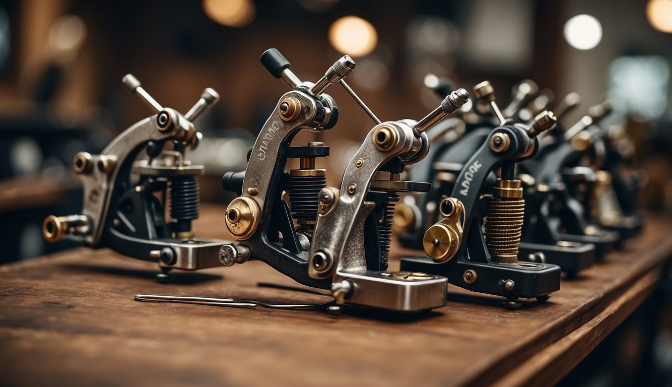 A series of tattoo machines, from historic hand-poked tools to modern electric devices, displayed on a workbench