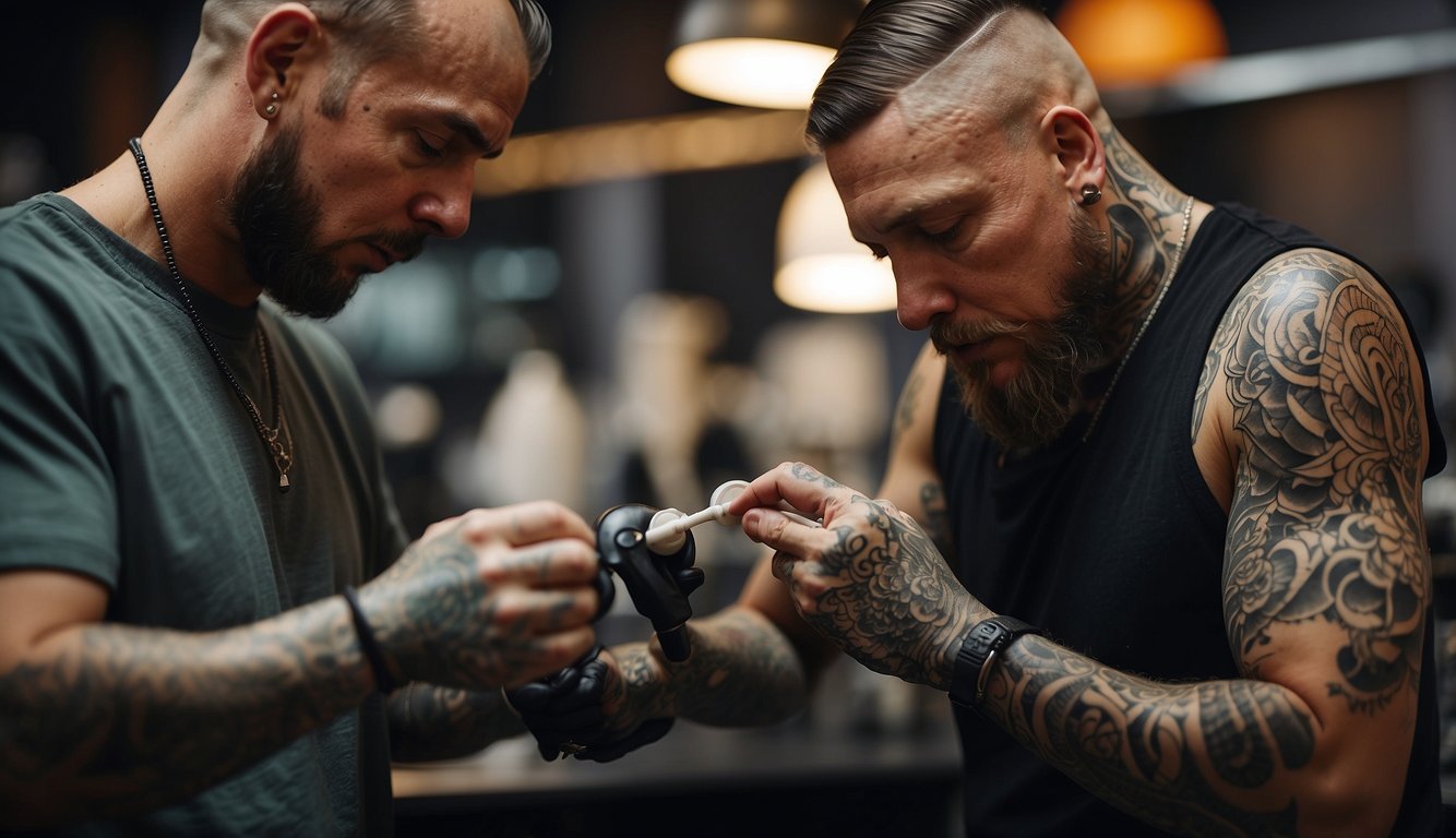 A tattoo artist carefully applies ointment to a freshly inked design, following 13 tattoo care tips. The vibrant colors and intricate lines stand out against the skin