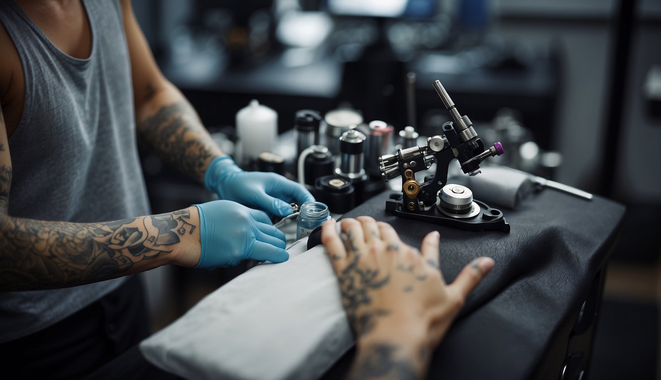 A beginner tattoo artist holds a buzzing tattoo machine, practicing on a synthetic skin pad. Ink bottles and sterilized needles are neatly arranged on a workstation