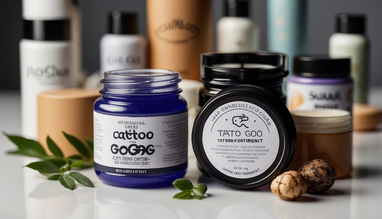 A jar of Tattoo Goo Aftercare Ointment surrounded by 10 other tattoo care products on a clean, white surface