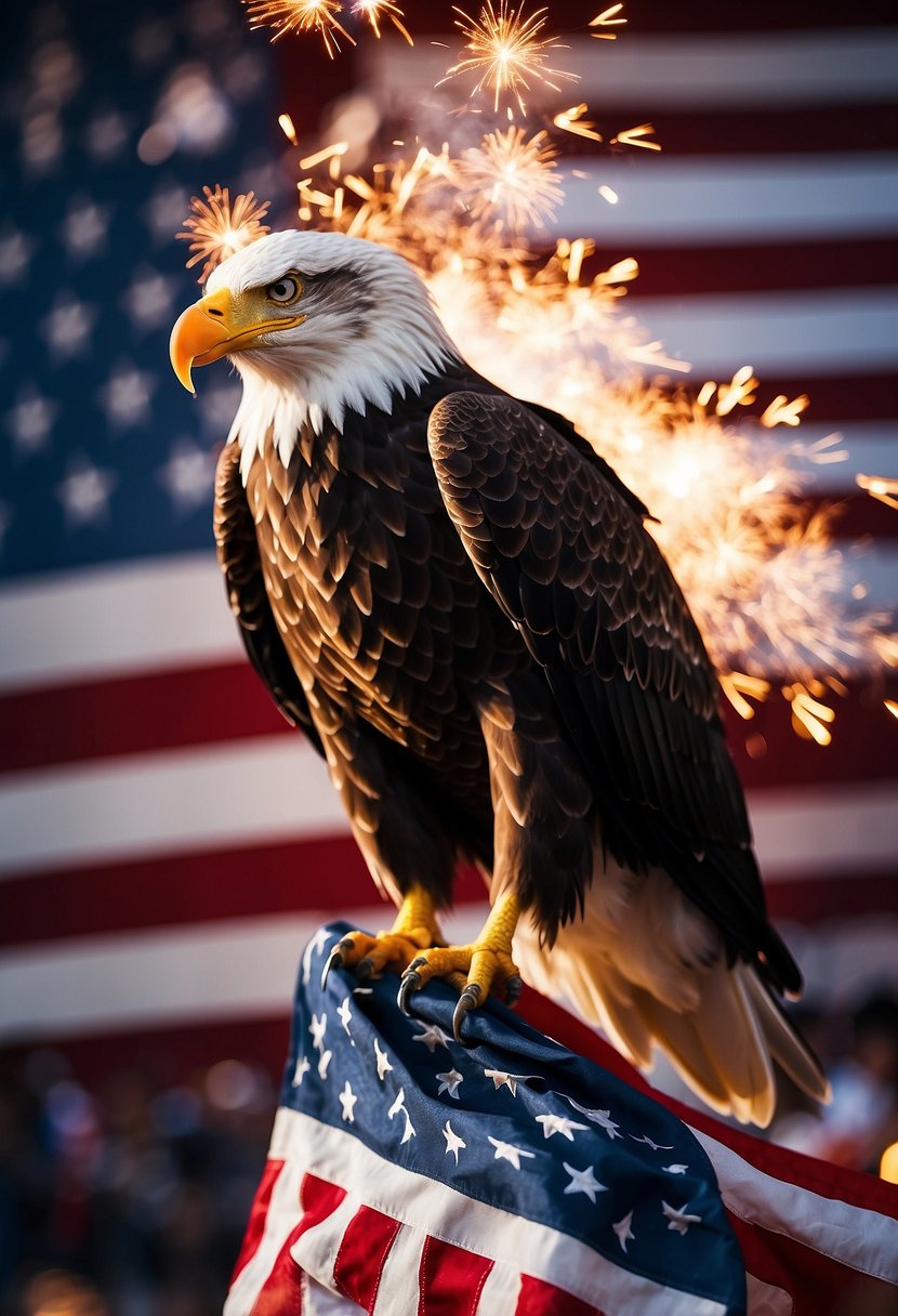 A festive scene with fireworks, American flags, sparklers, and patriotic symbols like eagles and stars. Vibrant colors and a lively atmosphere capture the spirit of Independence Day