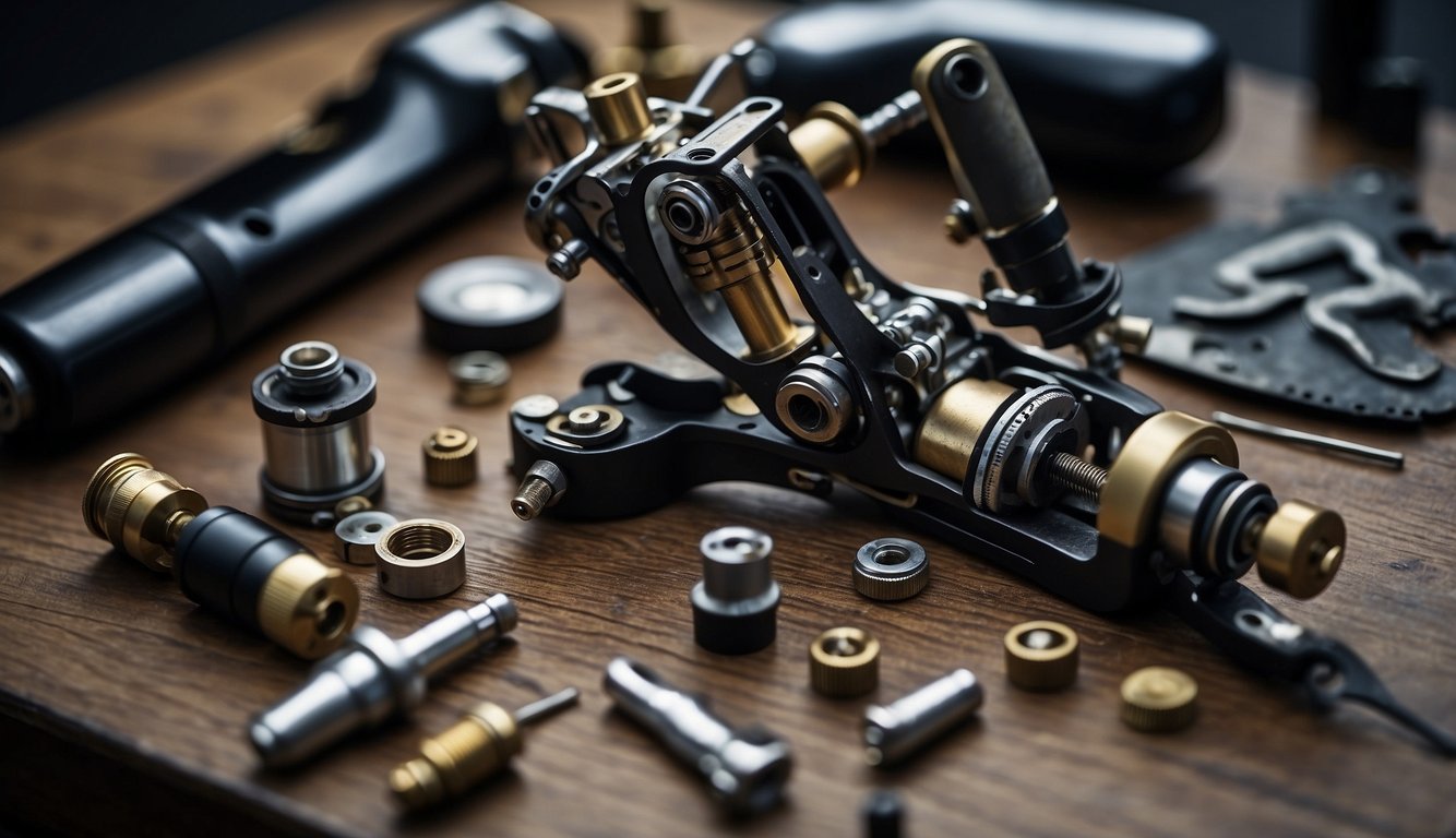 A tattoo machine disassembled, revealing its basic anatomy and components